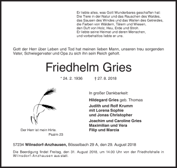 Traueranzeige von Friedhelm Gries von Siegener Zeitung