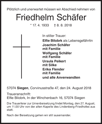 Traueranzeige von Friedhelm Schäfer von Siegener Zeitung
