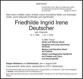 Traueranzeige von Friedhilde Ingrid Irene Deutscher von Siegener Zeitung