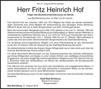 Traueranzeige von Fritz Heinrich Hof von Siegener Zeitung