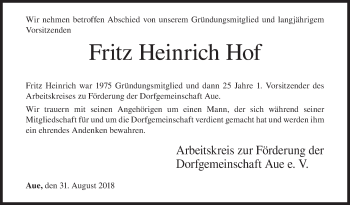 Traueranzeige von Fritz Heinrich Hof von Siegener Zeitung