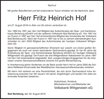 Traueranzeige von Fritz Heinrich Hof von Siegener Zeitung