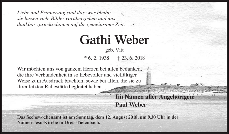  Traueranzeige für Gathi Weber vom 04.08.2018 aus Siegener Zeitung
