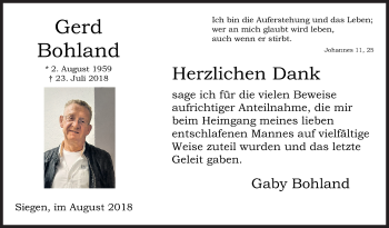 Traueranzeige von Gerd Bohland von Siegener Zeitung