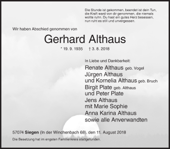 Traueranzeige von Gerhard Althaus von Siegener Zeitung