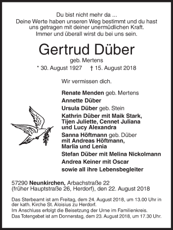 Traueranzeige von Gertrud Düber von Siegener Zeitung