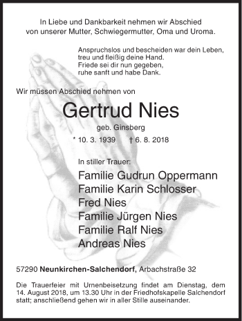 Traueranzeige von Gertrud Nies von Siegener Zeitung