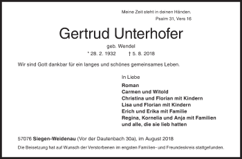 Traueranzeige von Gertrud Unterhofer von Siegener Zeitung