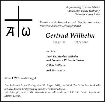 Traueranzeige von Gertrud Wilhelm von Siegener Zeitung