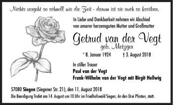 Traueranzeige von Getrud van der Vegt von Siegener Zeitung