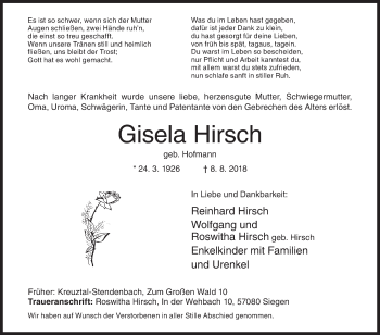 Traueranzeige von Gisela Hirsch von Siegener Zeitung