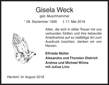 Traueranzeige von Gisela Weck von Siegener Zeitung