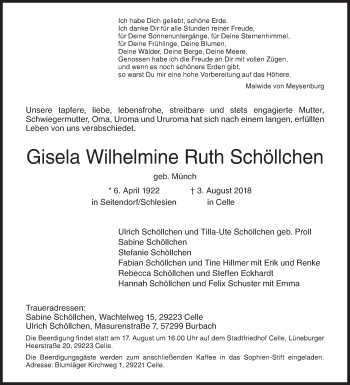 Traueranzeige von Gisela Wilhelmine Ruth Schöllchen von Siegener Zeitung