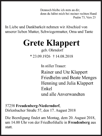 Traueranzeige von Grete Klappert von Siegener Zeitung