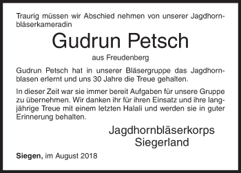 Traueranzeige von Gudrun Petsch von Siegener Zeitung