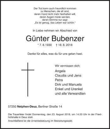 Traueranzeige von Günter Bubenzer von Siegener Zeitung