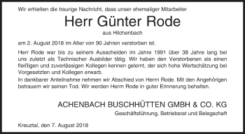 Traueranzeige von Günter Rode von Siegener Zeitung