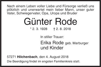 Traueranzeige von Günter Rode von Siegener Zeitung