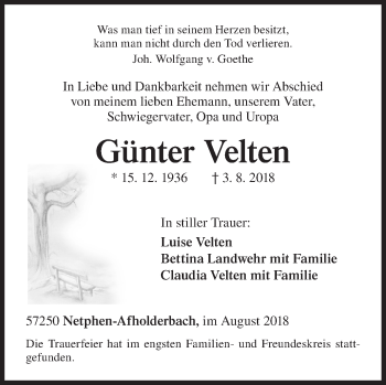 Traueranzeige von Günter Velten von Siegener Zeitung