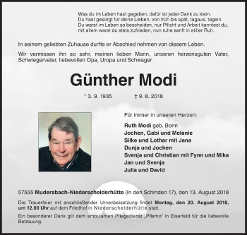 Traueranzeige von Günther Modi von Siegener Zeitung