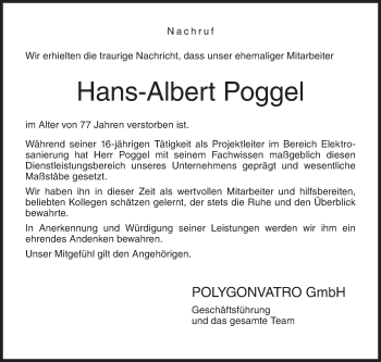 Traueranzeige von Hans-Albert Poggel von Siegener Zeitung
