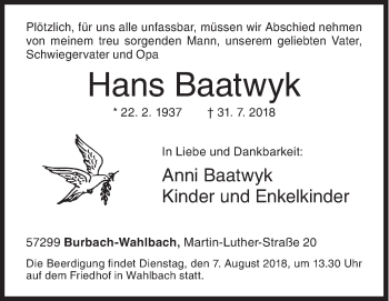 Traueranzeige von Hans Baatwyk von Siegener Zeitung