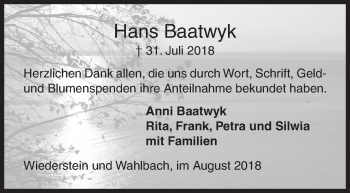 Traueranzeige von Hans Baatwyk von Siegener Zeitung
