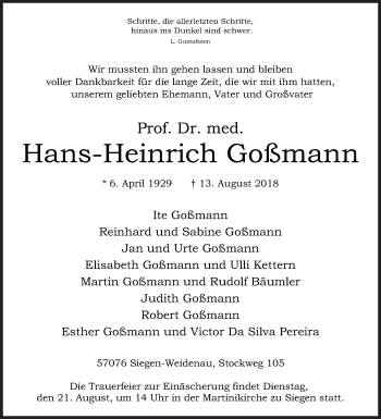 Traueranzeige von Hans-Heinrich Goßmann von Siegener Zeitung