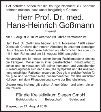 Traueranzeige von Hans-Heinrich Goßmann von Siegener Zeitung