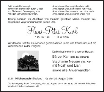 Traueranzeige von Hans-Peter Karl von Siegener Zeitung
