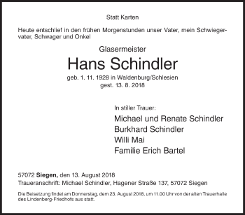 Traueranzeige von Hans Schindler von Siegener Zeitung