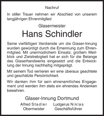 Traueranzeige von Hans Schindler von Siegener Zeitung