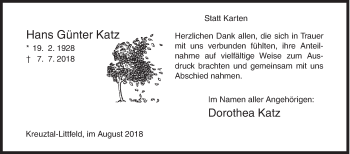 Traueranzeige von Hans Günter Katz von Siegener Zeitung