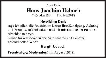 Traueranzeige von Hans Joachim Uebach von Siegener Zeitung