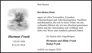 Traueranzeige von Hartmut Frank von Siegener Zeitung