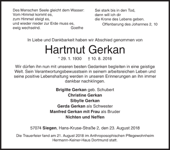 Traueranzeige von Hartmut Gerkan von Siegener Zeitung