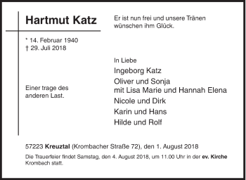 Traueranzeige von Hartmut Katz von Siegener Zeitung