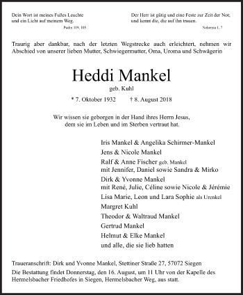 Traueranzeige von Heddi Mankel von Siegener Zeitung