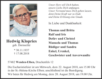 Traueranzeige von Hedwig Klopries von Siegener Zeitung