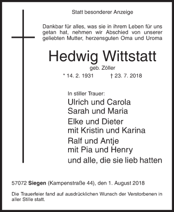 Traueranzeige von Hedwig Wittstatt von Siegener Zeitung