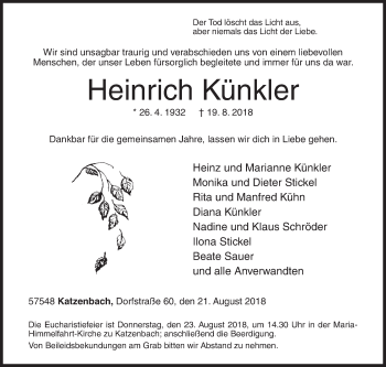 Traueranzeige von Heinrich Künkler von Siegener Zeitung