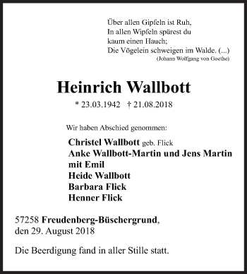 Traueranzeige von Heinrich Wallbott von Siegener Zeitung