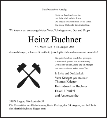 Traueranzeige von Heinz Buchner von Siegener Zeitung