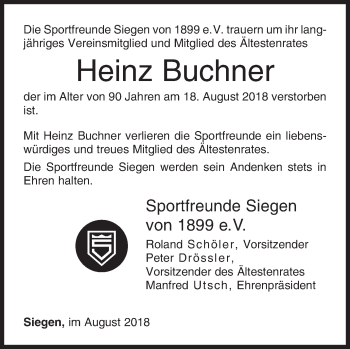 Traueranzeige von Heinz Buchner von Siegener Zeitung