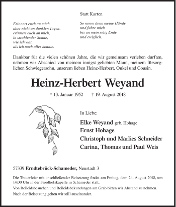 Traueranzeige von Heinz-Herbert Weyand von Siegener Zeitung
