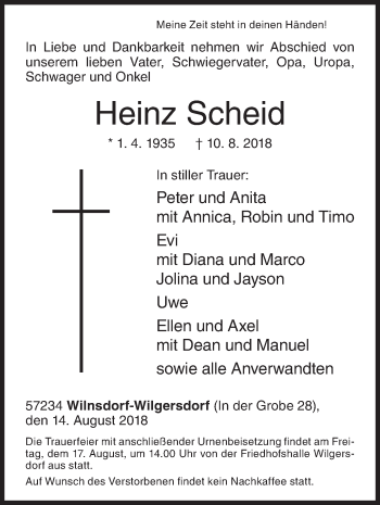 Traueranzeige von Heinz Scheid von Siegener Zeitung