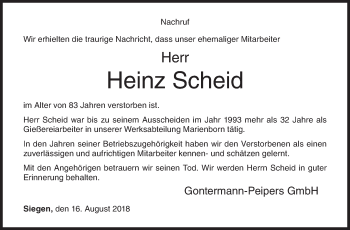 Traueranzeige von Heinz Scheid von Siegener Zeitung