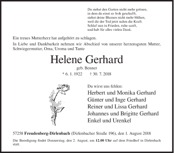 Traueranzeige von Helene Gerhard von Siegener Zeitung