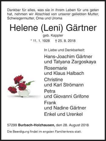 Traueranzeige von Helene Gärtner von Siegener Zeitung