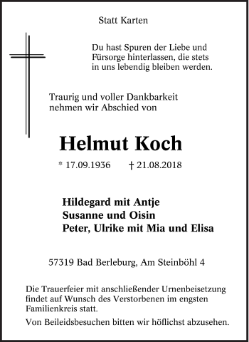 Traueranzeige von Helmut Koch von Siegener Zeitung